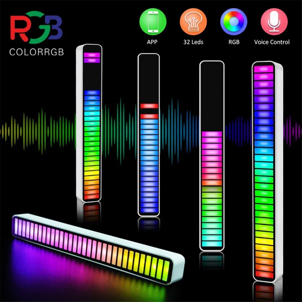 RGB 사운드 제어 음악 리듬 조명 다채로운 음성 활성화 픽업 램프 32 LED 자동차 데스크탑 주변 조명, 앱 제어